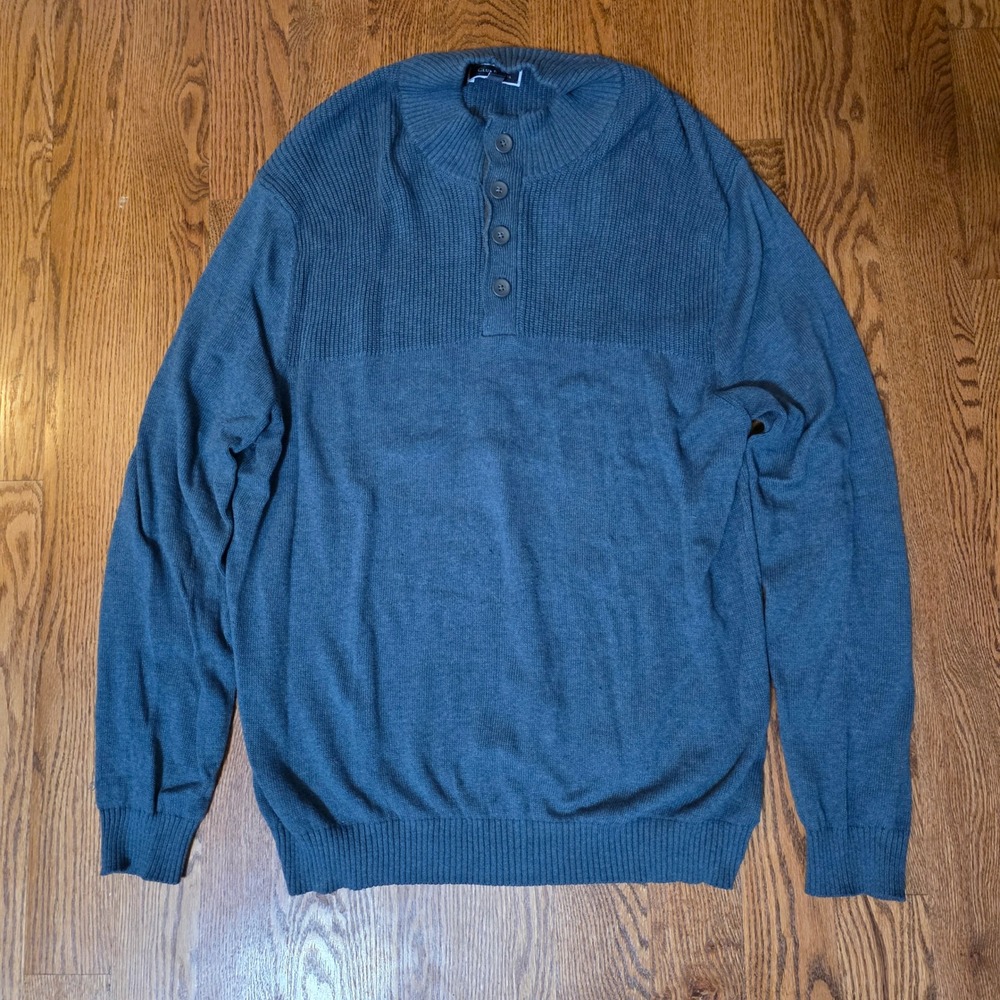 Club Room Men's Blue Pullover Sweater Size XL‎ Quarter Button Neck Ribbed Knit